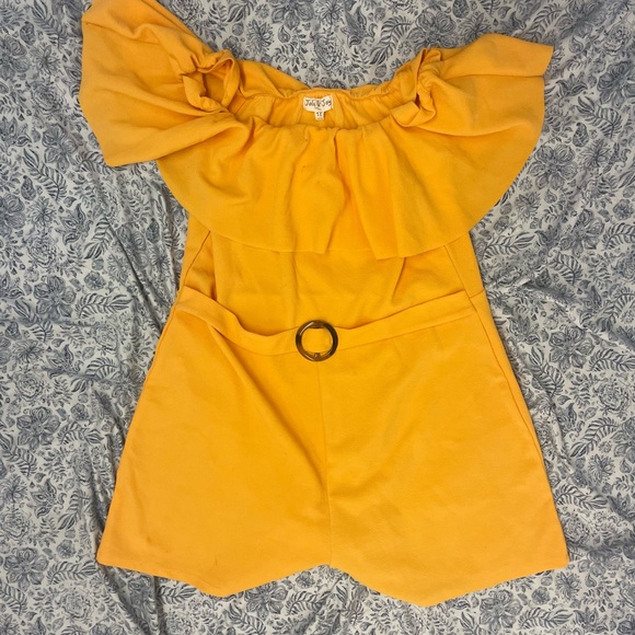 Yellow Off-Shoulder Ruffle Belted Romper - Picture 1 of 4
